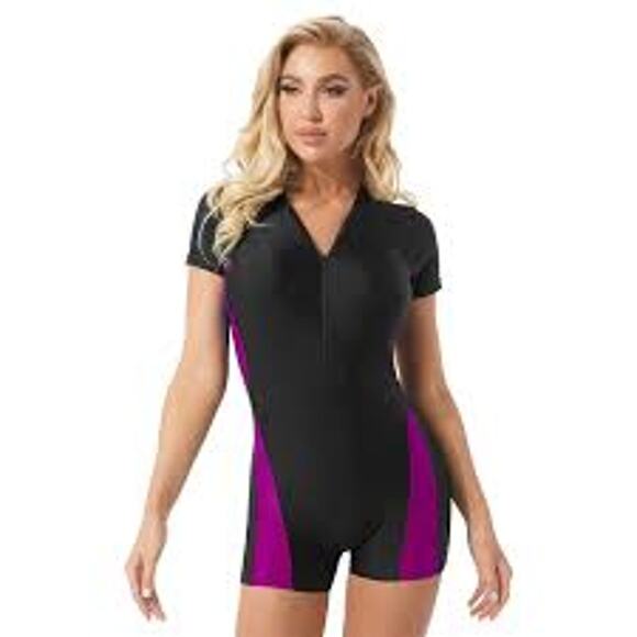 NWT IEFIEL BLACK/PINK RASH GUARD SHORT SLEEVE ZIP ONE PIECE SWIMSUIT/WETSUIT XXL - Picture 4 of 10